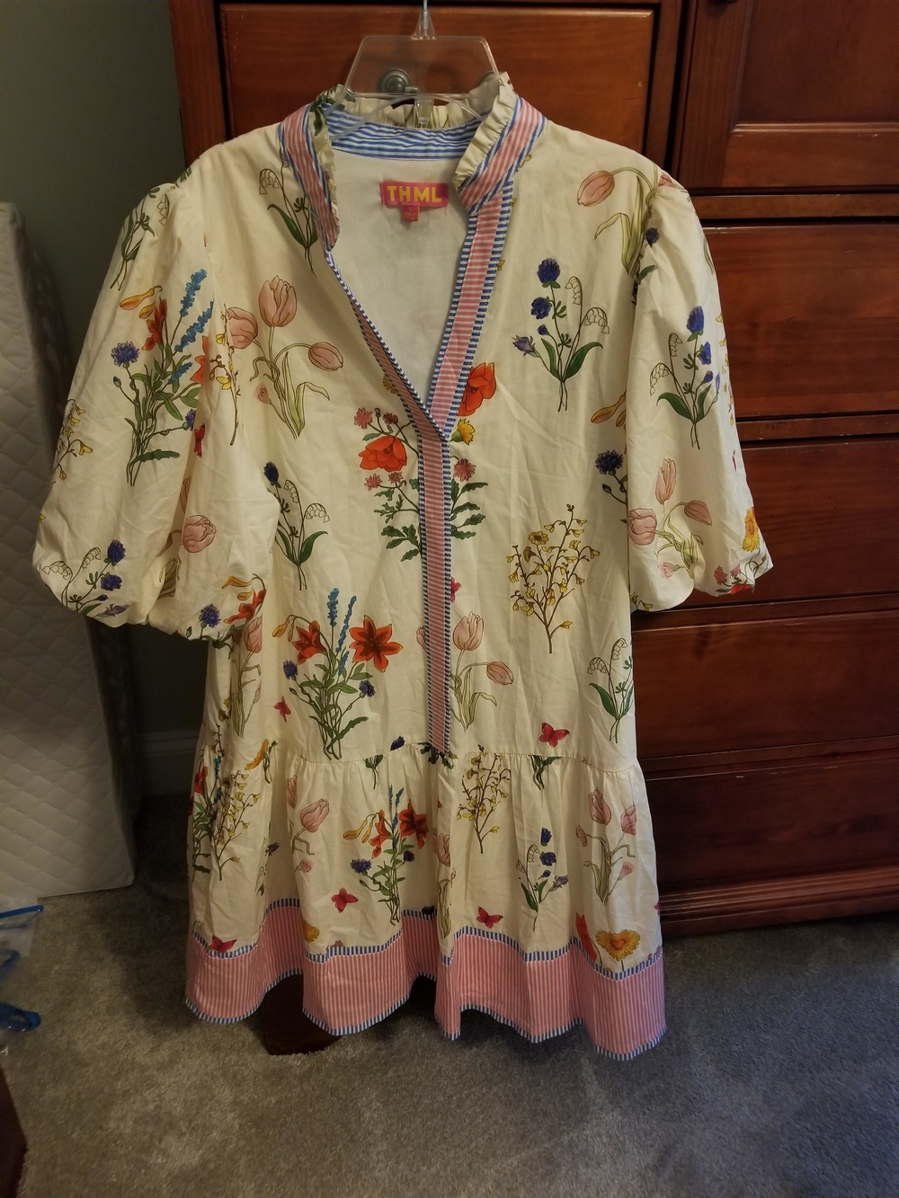 THML Cream Floral Dress with Multicolor Bouquet and Pink Trim